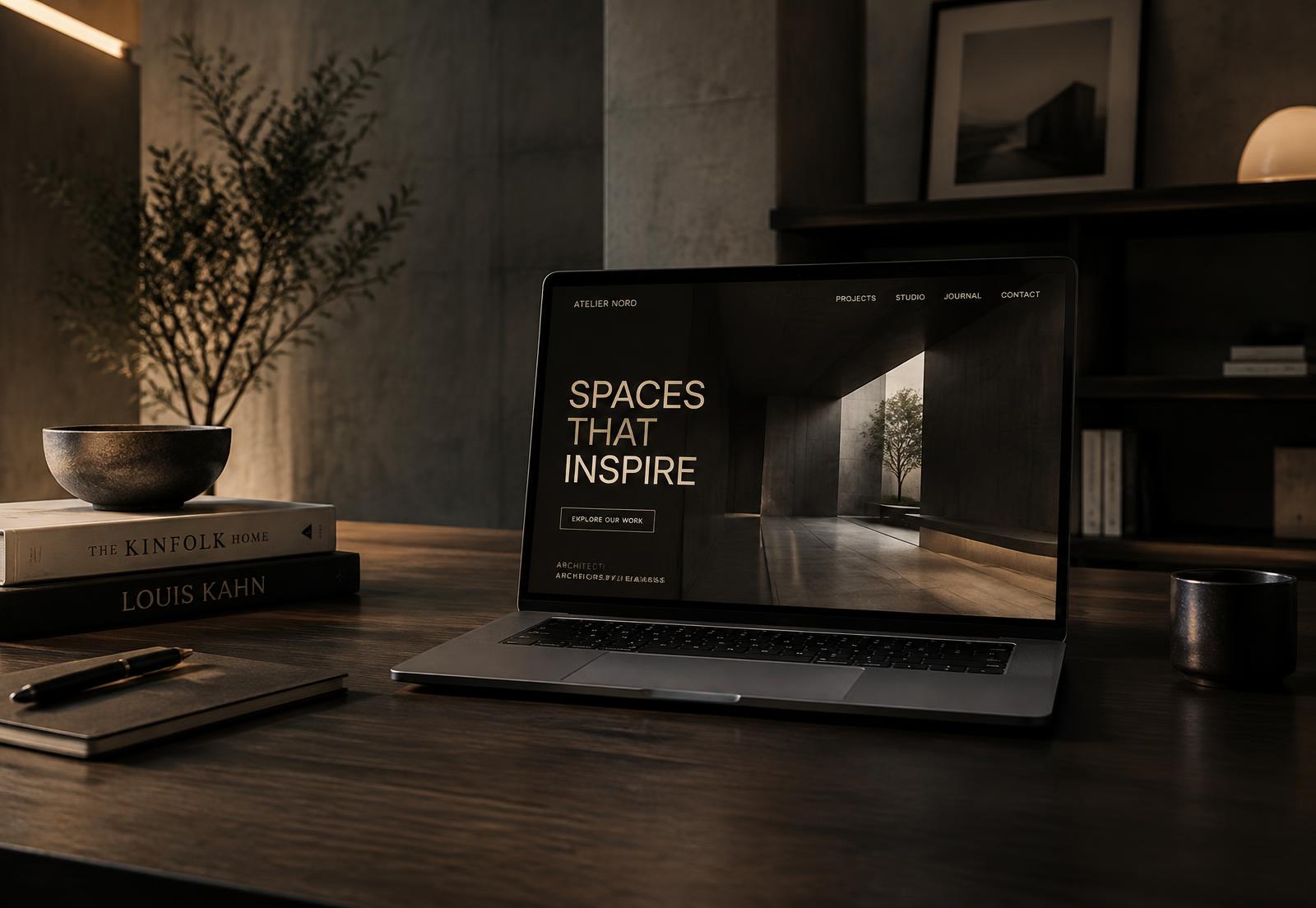 Bærbar computer med et elegant, mørkt hjemmesidedesign i et skandinavisk studie